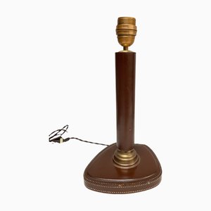 Braune Lederlampe im Stil von Jacques Adnet, 1950er