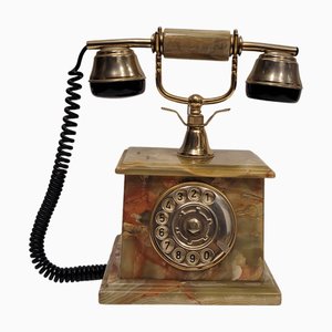 Rotary Telephone in Green Onyx and Metal, Italy, 1970s