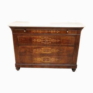 Commode à Tiroirs Antique en Noyer Marqueté avec Plateau en Marbre, 1800s