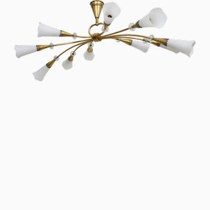 Modernist Chandelier with 10 Brass Branches and White Glass Tubes, 1970s