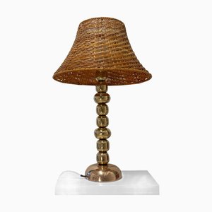 Lampe de Bureau Sphères Moderniste en Laiton et Rotin, Suède, 1960s