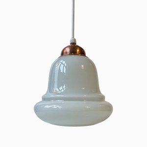 Danish Bell Pendant Lamp in Opaline Glass and Copper by Holmegaard, 1940s