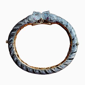 Bracelet jonc en or blanc et jaune 18 Carats avec diamants, rubis et têtes d'éléphant en émail