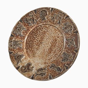 Armogrès Belgian Zodiac Studio Pottery Dish in Dark Brown Tones, 1960s