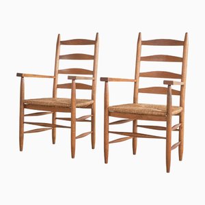 Mid-Century Oak and Rush Armchairs, 1950s, Set of 6