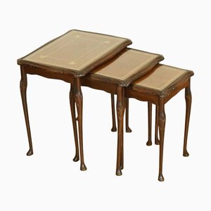 Vintage Queen Anne Style Nesting Tables with Brown Embossed Leather Tops, Set of 3