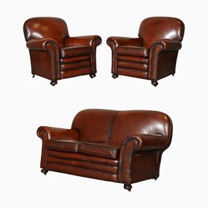 Victorian Maroon Dyed Leather Armchairs and Sofa, Set of 3