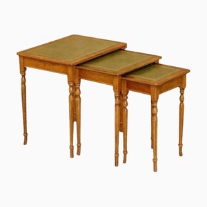 Regency Style Gold Leaf Embossed Yew Wood Nesting Tables with Leather Tops, Set of 3