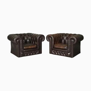 Vintage Brown Leather Chesterfield Club Tub Armchairs, Set of 2