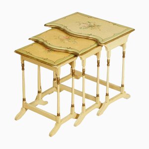 Vintage French Gold Leaf Hand-Painted Floral Nesting Tables, Set of 3