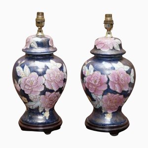 Vintage Navy Blue Floral Hand-Painted Lamps, 1960s, Set of 2