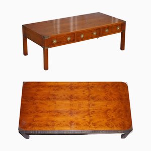 Military Campaign 3-Drawer Coffee Table in Burr Yew Wood, Elm and Brass, 1950s