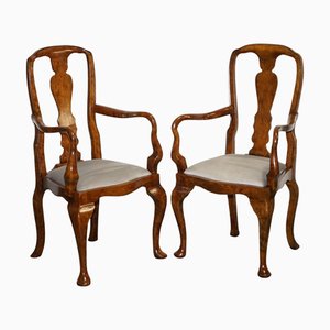 Art Deco Queen Anne Style Burr Walnut Hallway Elbow Armchairs, 1920s, Set of 2