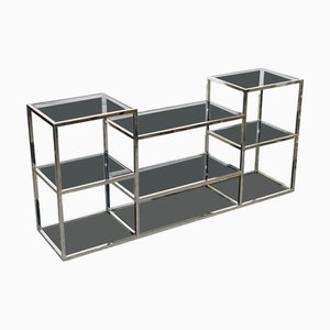 Mesa consola de vidrio ahumado y acero inoxidable pulido de Casa Padrino