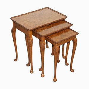 Art Deco Burr Walnut Nesting Tables with Queen Anne Legs, 1920s, Set of 3