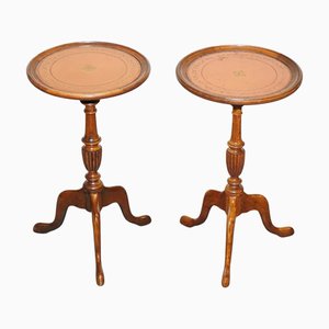Tables d'Appoint Tripode avec Plateaux en Cuir Marron, 1920s, Set de 2