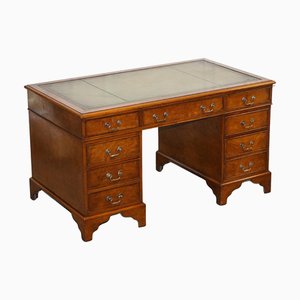 Victorian Burr Walnut Hand Dyed Leather Pedestal Desk