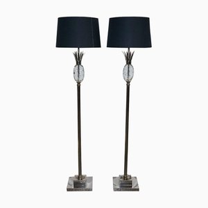 Stehlampen mit Ananas aus Edelstahl mit schwarzem Schirm, 2er Set
