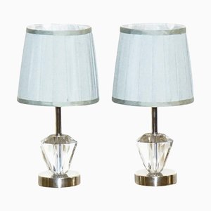 Diamond Glass on Stainless Steel Base Table Lamps with Baby Blue Shades, Set of 2