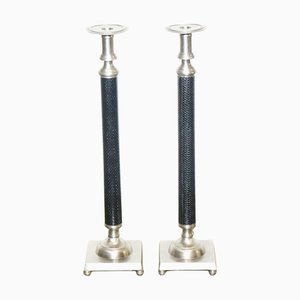Silver Stainless Steel & Black Candleholders in the style of Ralph Lauren, Set of 2