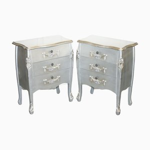 Baroque French Grey Silver 3 Drawer Bedside Tables, Set of 2