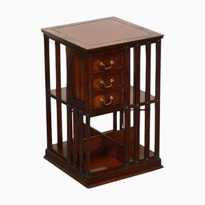 Revival Inlaid Revolving Bookcase End Table with Brown Aged Leather Top