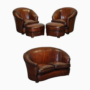 Art Deco Hand Dyed Whiskey Brown Suite Sofa, Armchairs and Ottomans, 1920s, Set of 5