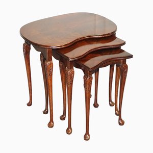 Vintage Kidney Shape Flamed Mahogany Nest of Three Tables with Queen Anne Legs, Set of 3