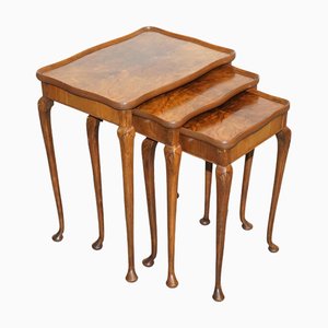 Art Deco Burr Walnut Nest of Three Table with Queen Anne Legs, Set of 3
