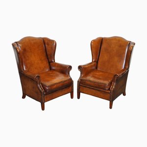 Dutch Hand Dyed Brown Cattle Leather Wingback Armchairs, Set of 2