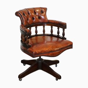 Hand Dyed Brown Leather Chesterfield Captains Office Swivel Armchair