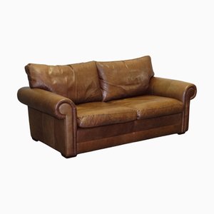 Brown Leather Two to Three Seater Sofa with Feather Back Cushions