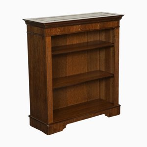 Vintage Oak Open Bookcase with Adjustable Shelves Brown Leather Top
