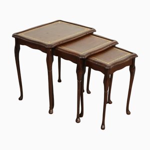 Vintage Nest of Tables with Queen Anne Legs and Brown Embossed Leather Top