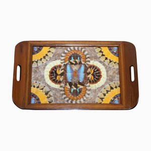 Vassoio vintage in legno intarsiato brasiliano con ali di farfalla Morpho