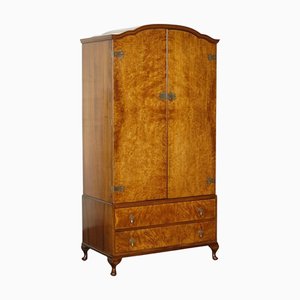 Art Deco Burr Walnut Wardrobe with Two Drawers and Queen Anne Legs, 1920s