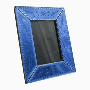Cadre Photo Art Déco Floral Bleu Cobalt Gravé avec Verre Biseauté, 1920s