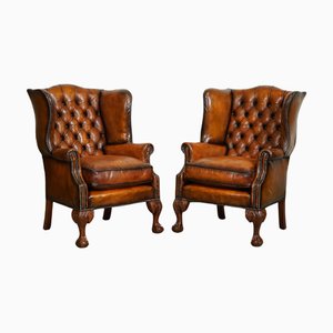 Chesterfield Hand Dyed Brown Leather Wingback Armchairs, Set of 2