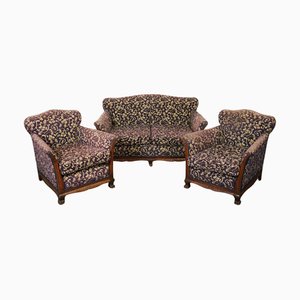 Victorian Fabric Bergere Suite Sofa and Armchairs, Set of 3