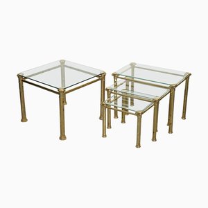Vintage Hollywood Regency Brass and Glass Nesting Table, 1970s, Set of 3