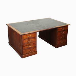 Escritorio Partners antiguo enorme con tablero de cuero azul marino J1