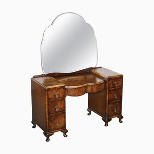 Vintage Art Deco Burr Walnut Dressing Table with Large Mirror, 1920s