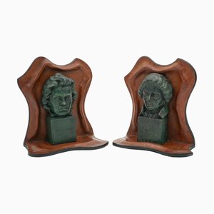 Mozart and Beethoven Leather Bookends with Patina, Set of 2