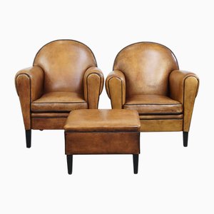 Club Chairs with Ottoman in Sheep Leather, Set of 3