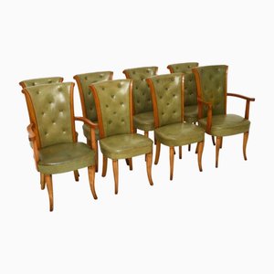 Art Deco Leather and Walnut Dining Chairs attributed to Hille, 1930s, Set of 8