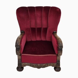 Poltrona in velluto rosso ciliegia e legno di quercia, Danimarca, anni '60