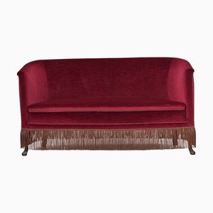 Dänisches 2-Sitzer Sofa aus Rotem Möbelvelours & Beinen aus Eschenholz, 1960er