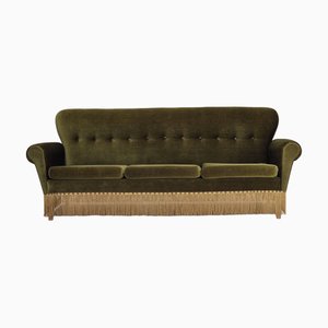 Canapé 3 Places en Velours Vert et Pieds en Frêne, Danemark, 1970s