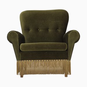 Fauteuil en Velours et Pieds en Frêne, Danemark, 1970s