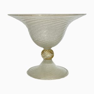 Centro de mesa de cristal de Murano soplado y dibujado a mano en Pulegoso blanco con acabados dorados, años 90